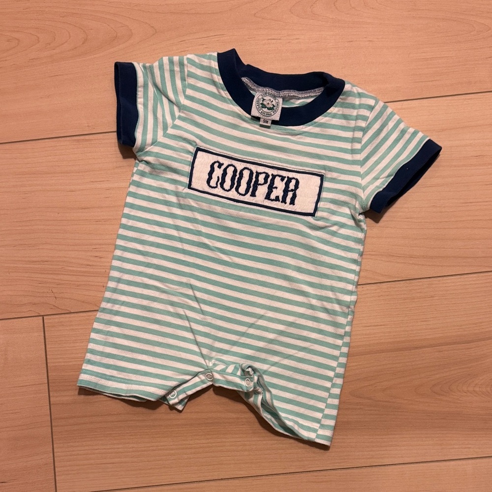 Striped Baby Romper with 'COOPER' Patch - Mint & Navy